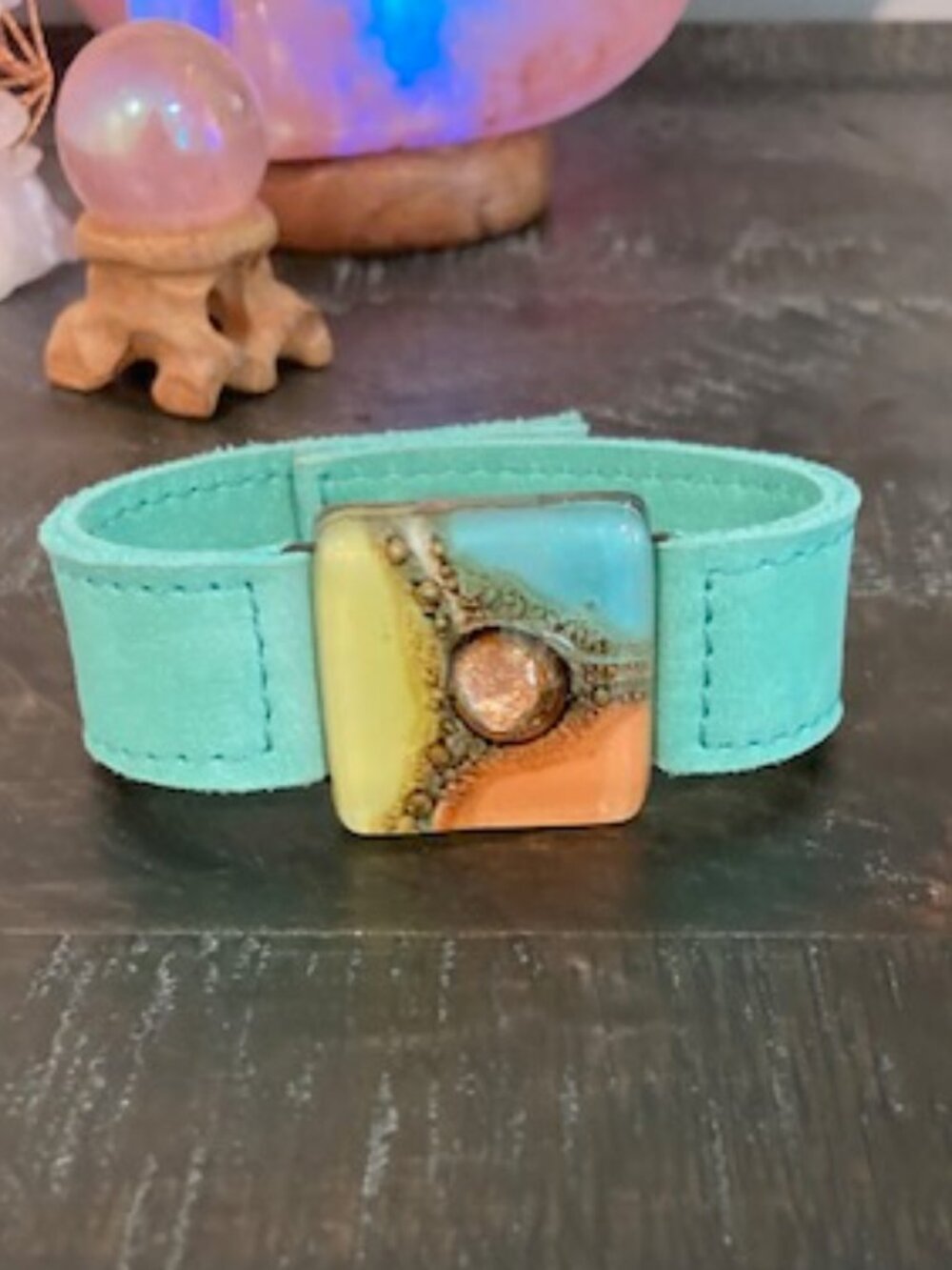 Cristalida Artisan Leather Fused Glass Cuff Bracelet